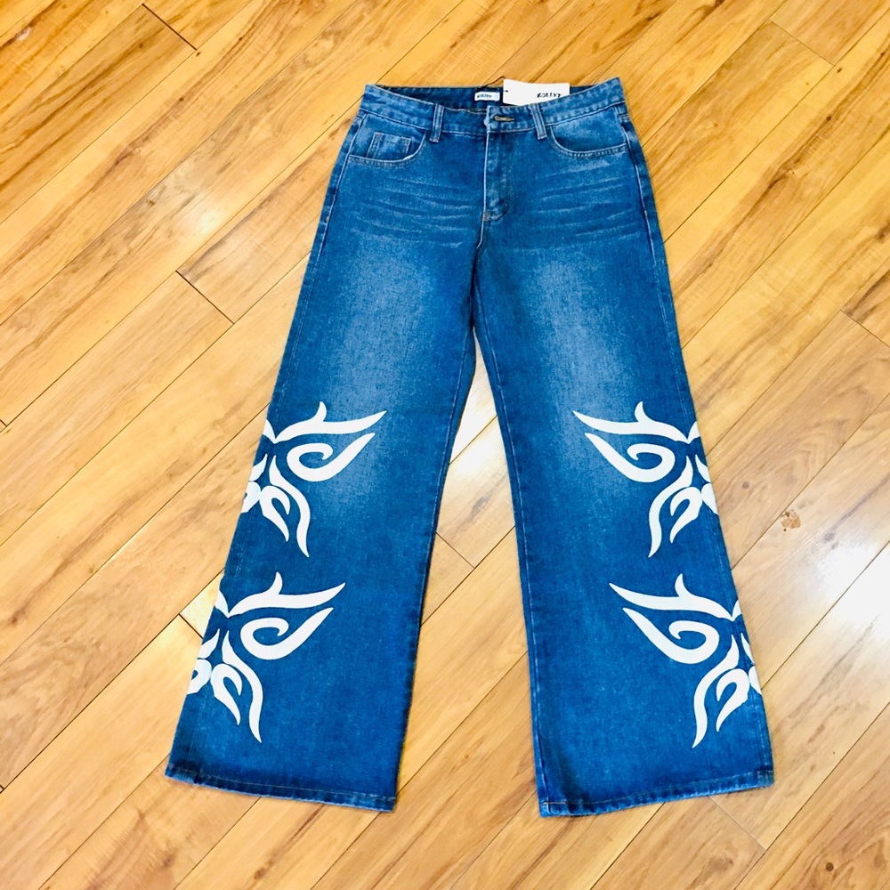 Denim flame flare wide leg medium wash denim jeans medium skater baggy